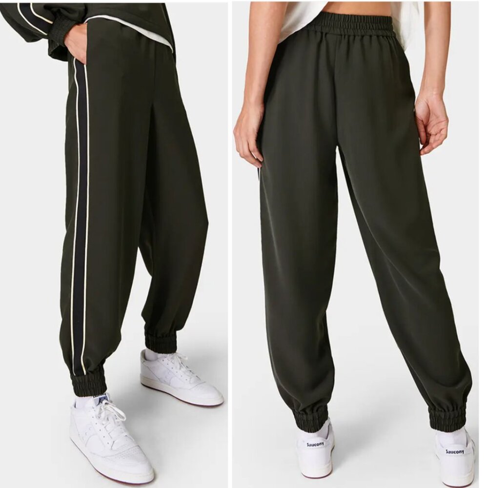 Sweaty Betty Olive Green Track Joggers with White Piping